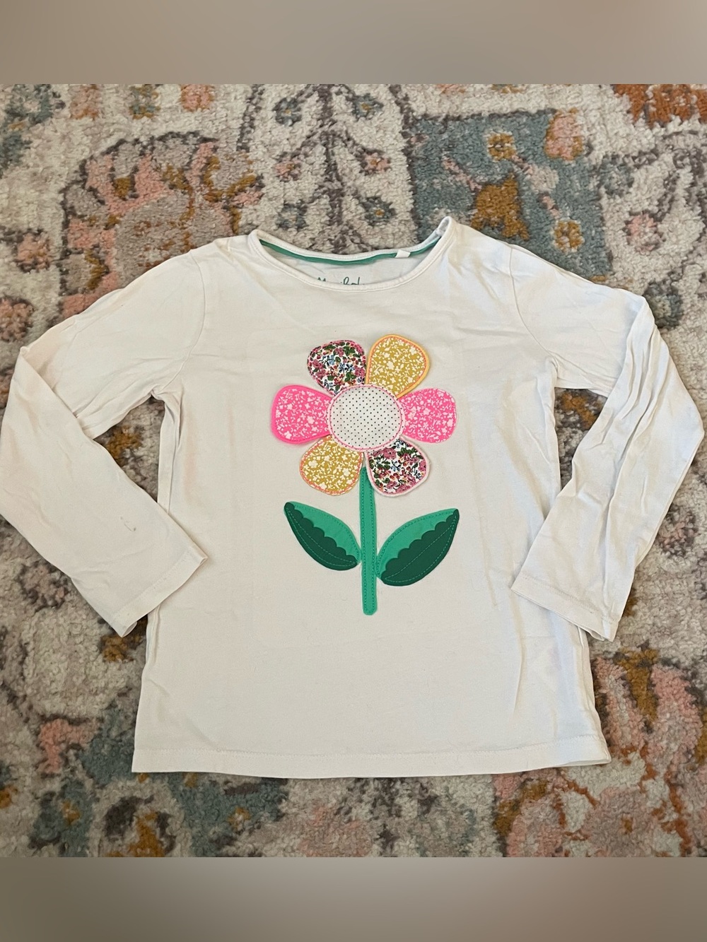 Mini Boden White Long-Sleeve Top with Colorful Flower Lift Flap Appliqué